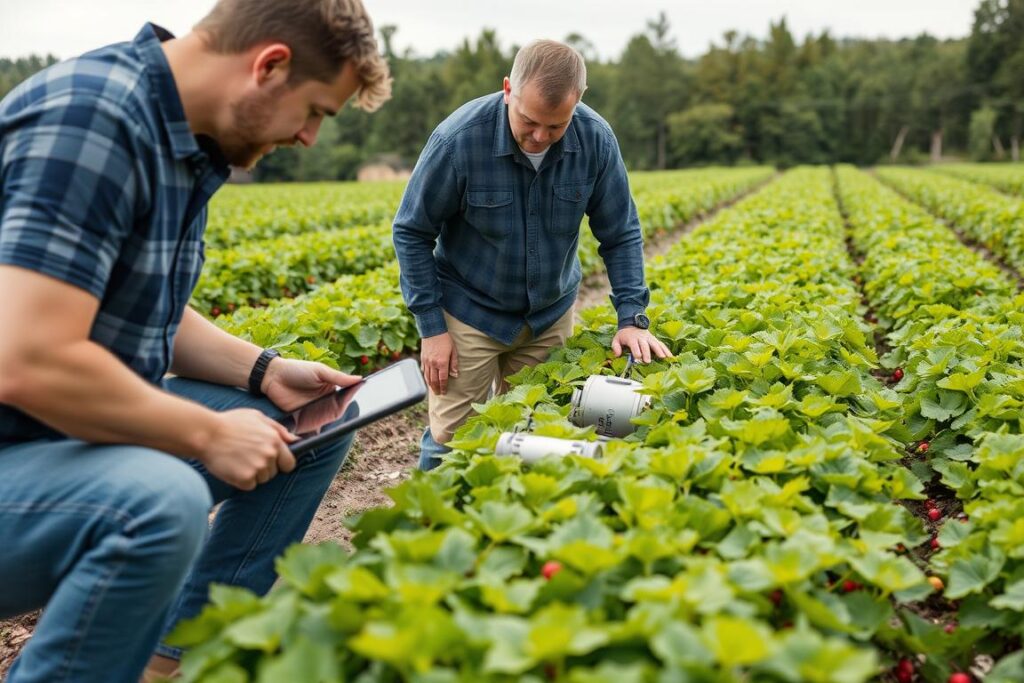 Equipe técnica implementando sistema blockchain em pequena propriedade de cranberry