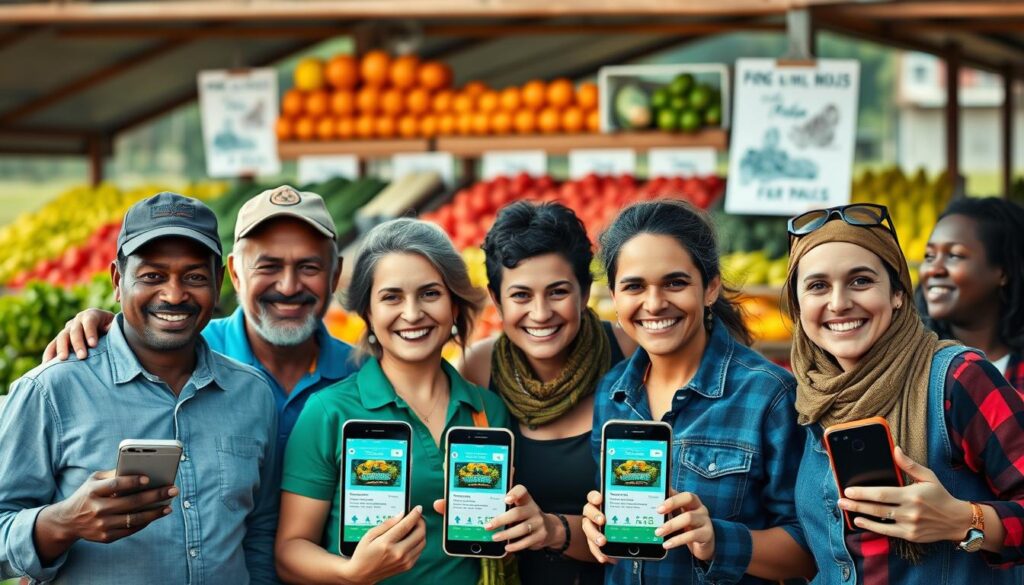 Grupo de agricultores familiares que aumentaram sua renda com mercados diretos online para pequenos agricultores