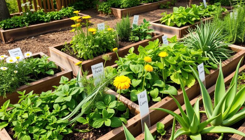 Horta medicinal sustentável com diversas plantas medicinais organizadas em canteiros elevados