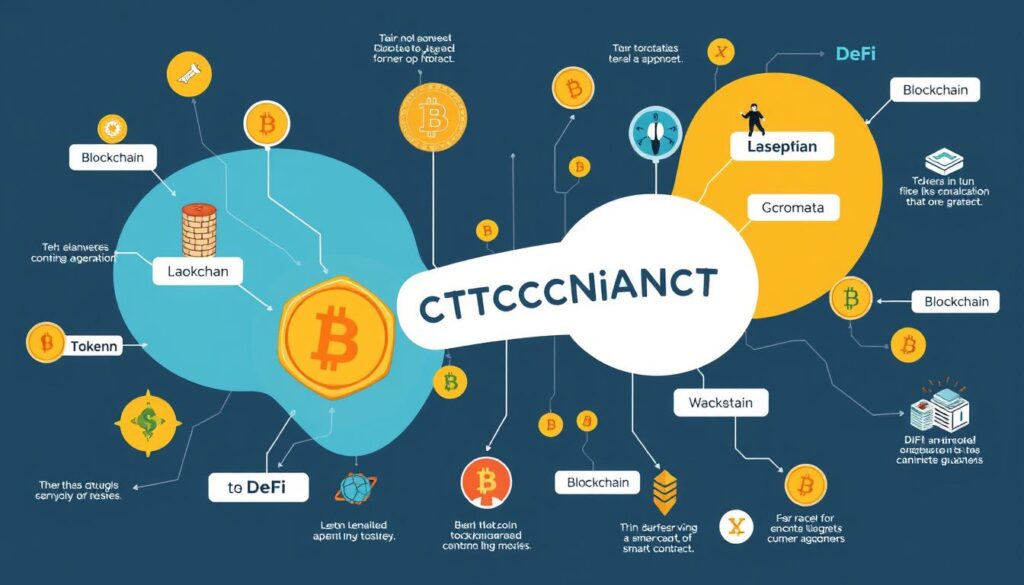Ilustração conceitual de termos de blockchain e tokenização agrícola