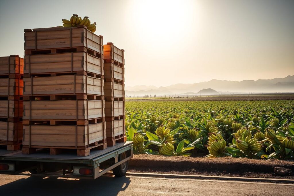 Logística para exportação de bananas orgânicas: Palete de madeira robusto carregado com cuidadosas caixas de madeira contendo cachos de bananas orgânicas douradas. Caminhão de carga pronto para transportar a colheita até o porto, com a luz do sol iluminando suavemente a cena. Ao fundo, vislumbra-se um campo de bananeiras saudáveis se estendendo até o horizonte, com montanhas ao longe. O cenário evoca a atenção e o cuidado necessários para garantir a chegada segura das bananas orgânicas no mercado internacional.