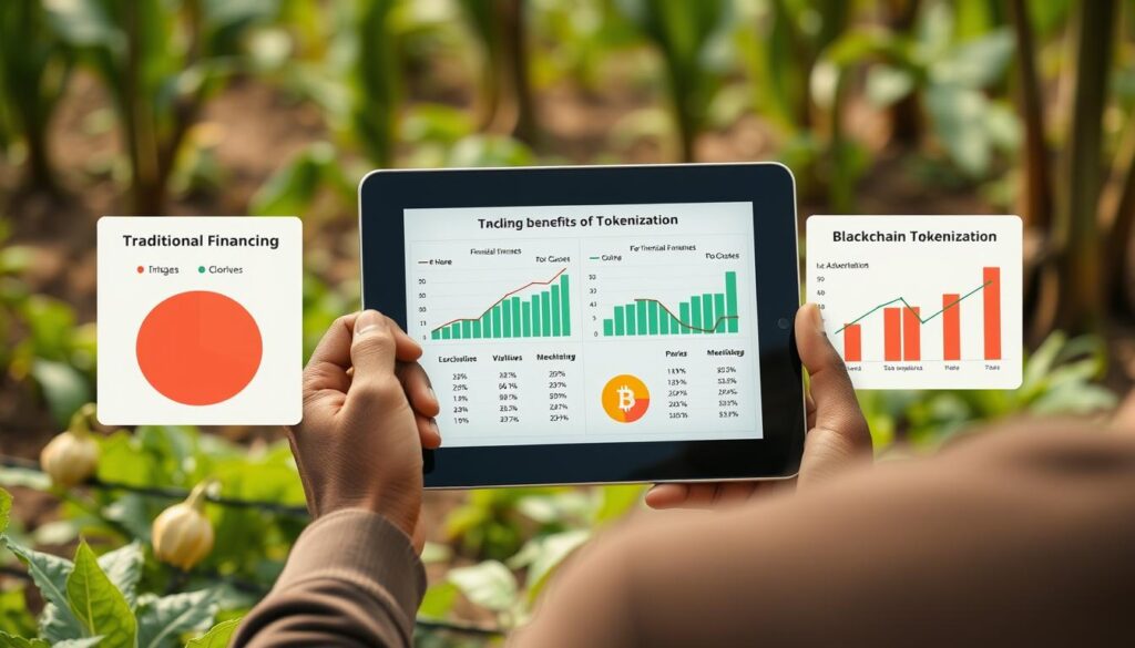 Pequeno produtor rural analisando benefícios financeiros da tokenização na blockchain XDC