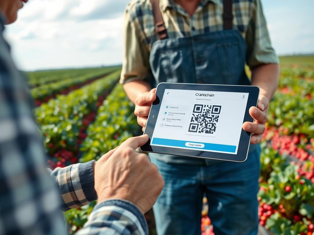 Produtor de cranberry utilizando tablet para registrar dados na blockchain durante inspeção do campo