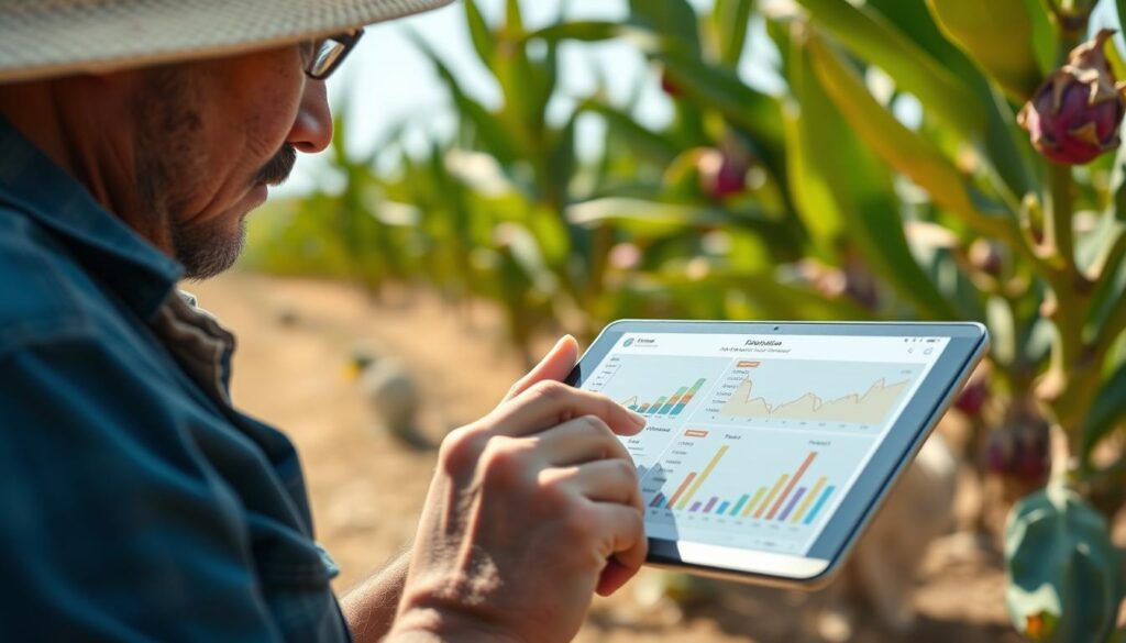 Produtor de pitaya analisando dados de tokenização em tablet na propriedade