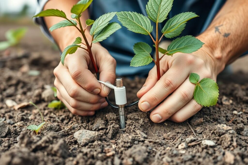 Produtor instalando sensores em plantação de frutas vermelhas raras