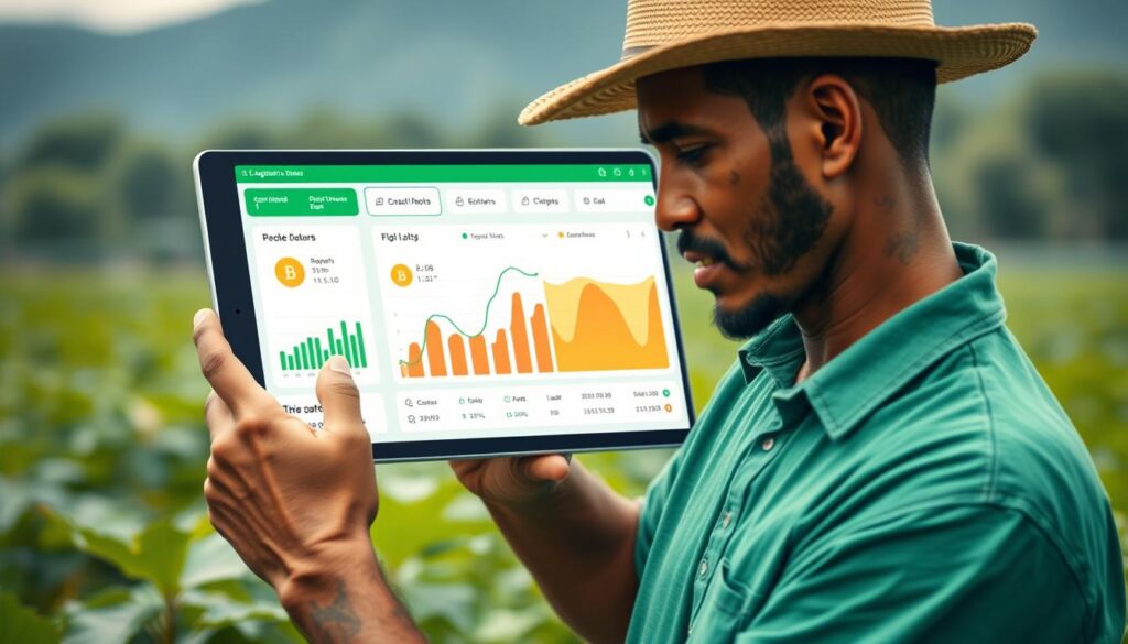 Produtor rural utilizando plataforma DeFi para gerenciar tokens agrícolas na blockchain XDC