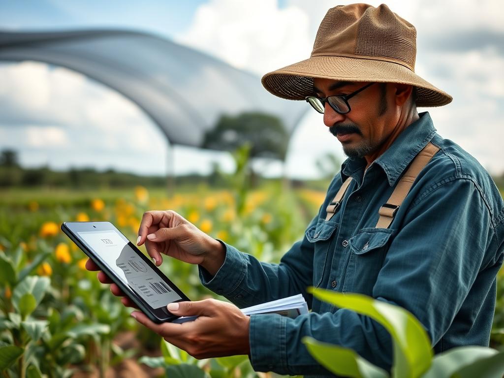 Produtor rural verificando documentação e usando tablet para acessar plataforma de tokenização XDC
