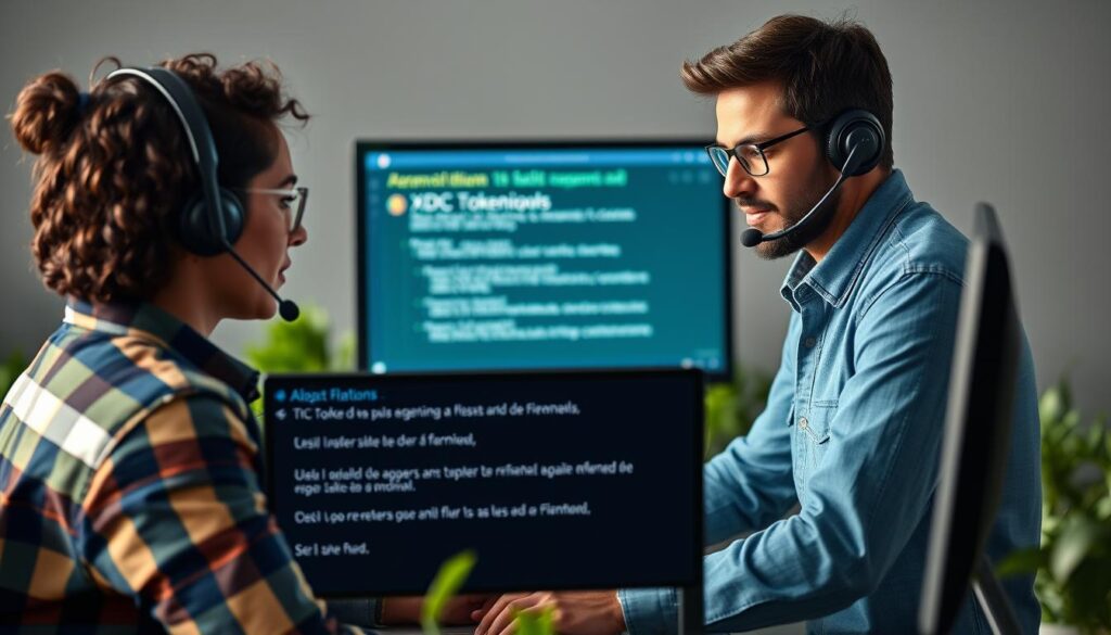 Técnico auxiliando produtor rural a resolver problemas na plataforma de tokenização XDC