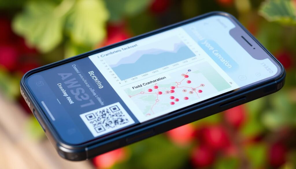 Tela de aplicativo de rastreio blockchain mostrando dados de produção de cranberry