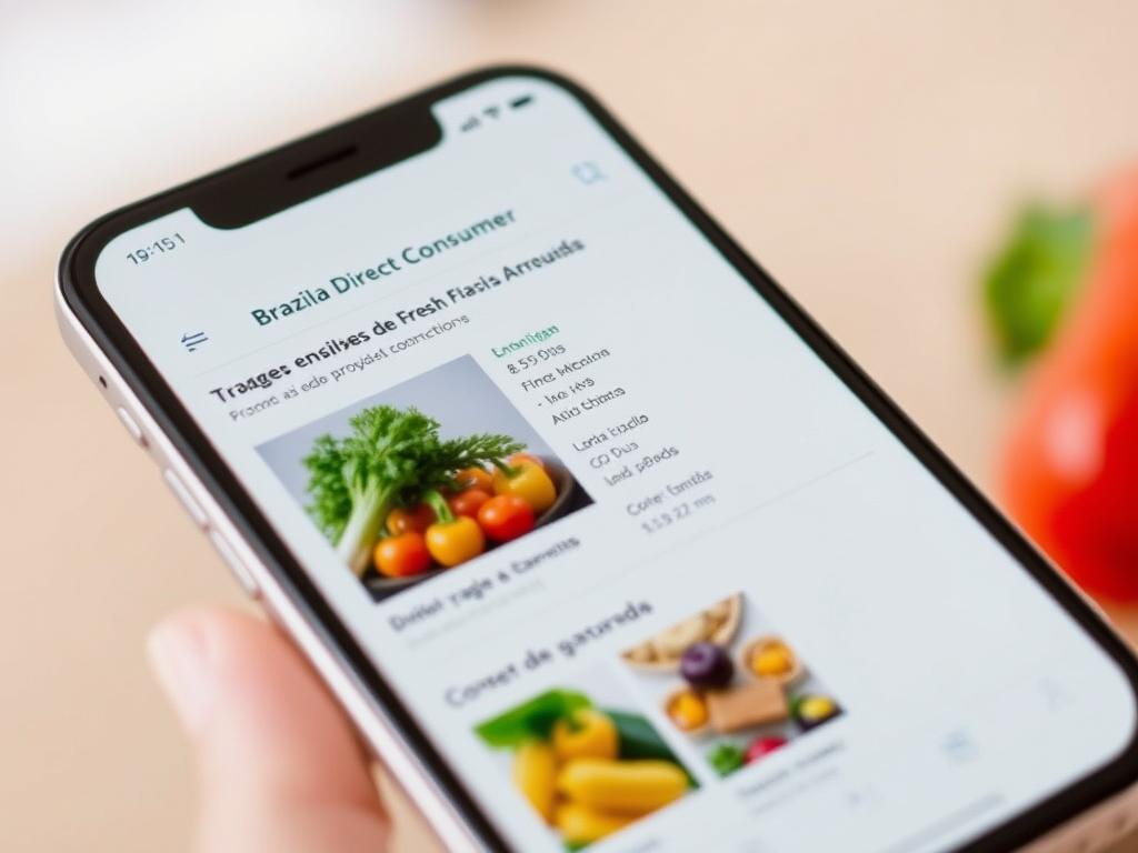 Tela de celular mostrando aplicativo de venda direta de produtos agrícolas em mercados diretos online para pequenos agricultores