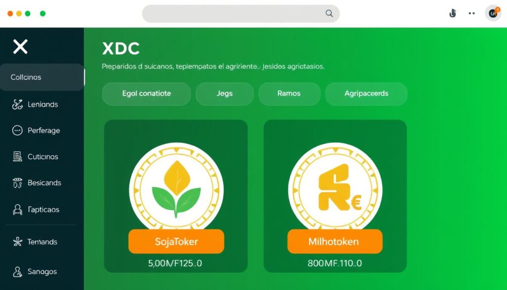 Tela de computador mostrando interface da carteira XDC com tokens agrícolas