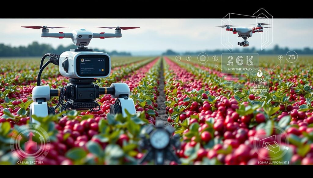 Visão futurista da produção de cranberry com tecnologias avançadas de blockchain e IoT