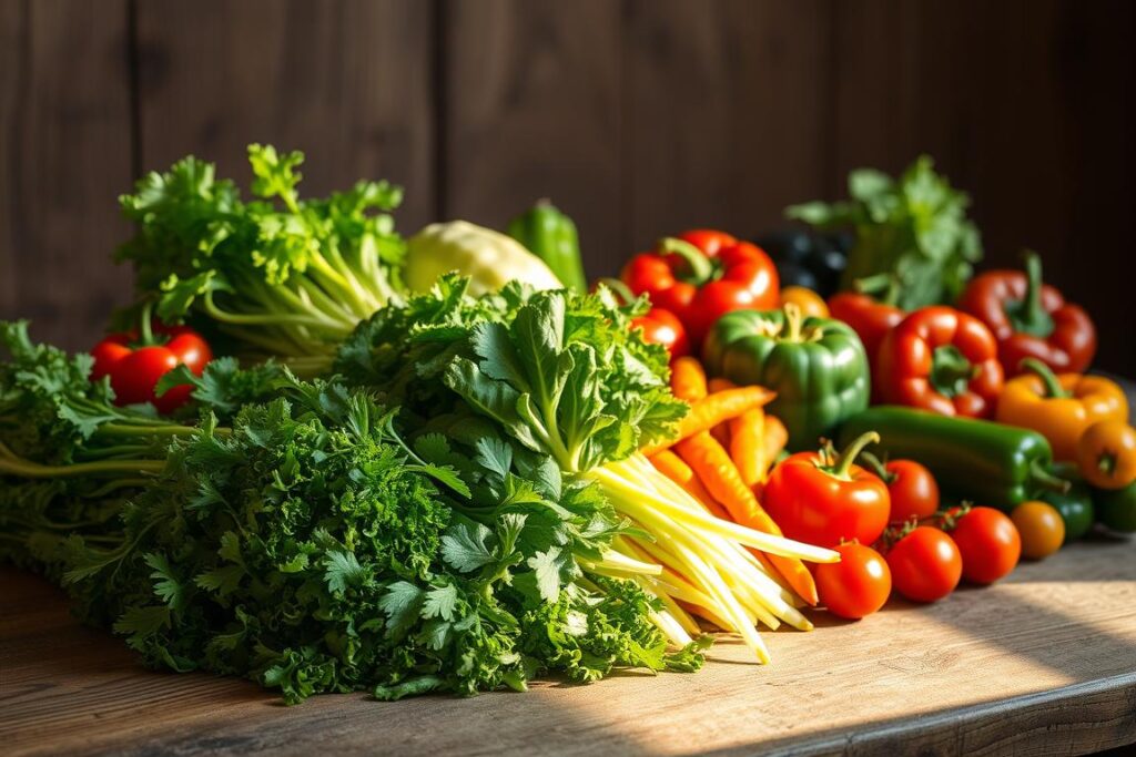 A bountiful display of premium vegetables arranged artistically on a rustic wooden table. Crisp, vibrant greens, juicy tomatoes, and colorful peppers illuminated by soft, natural lighting from the side. The scene conveys a sense of freshness and quality, evoking the care and attention given to these carefully selected ingredients. The vegetables are photographed from a slightly elevated angle, creating a sense of abundance and highlighting their premium characteristics. The overall mood is one of culinary excellence and gastronomic potential.
