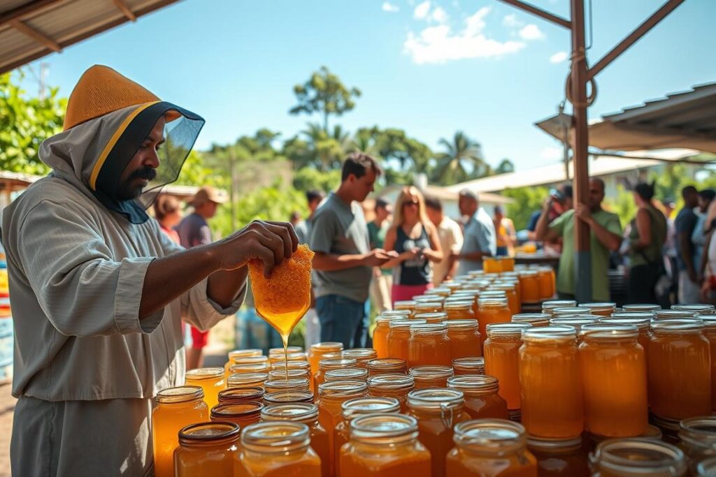 A bustling open-air market in a vibrant Brazilian town, with stalls displaying jars of golden, organic honey. In the foreground, a beekeeper in traditional clothing carefully transfers honeycombs into small transparent containers, the viscous liquid glistening under warm, natural lighting. In the middle ground, buyers examine the honey, speaking animatedly with the producers. In the background, lush greenery and a clear blue sky create a serene, idyllic atmosphere. The scene conveys a sense of community, sustainability, and the pride of small-scale honey producers bringing their artisanal products to the global marketplace.