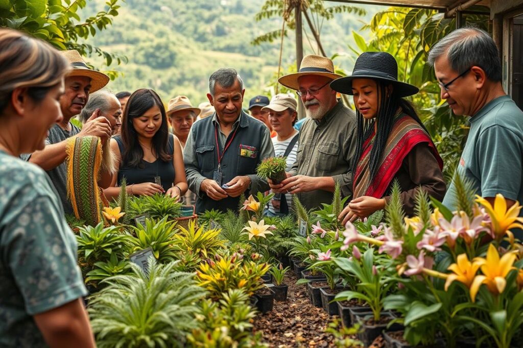 A bustling outdoor market in a vibrant Brazilian city, with vendors showcasing a diverse array of rare and exotic plant seedlings. The foreground features a group of enthusiastic collectors intently inspecting the unique foliage and delicate blooms, their faces alight with excitement. The middle ground captures the vendors, dressed in traditional garb, animatedly describing the provenance and care requirements of their prized specimens. In the background, a lush, verdant landscape frames the scene, creating a sense of abundance and natural harmony. Warm, diffused lighting filters through the scene, lending a magical, almost ethereal quality to the encounter. The composition is dynamic, with a sense of movement and energy, capturing the passion and dedication of this niche horticultural community.
