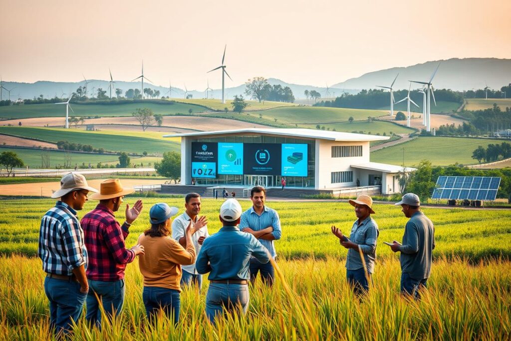 A bustling rural scene depicting the collective tokenization process. In the foreground, a group of farmers and agricultural workers engage in a lively discussion, gesturing animatedly as they explore the intricacies of tokenizing their carbon credits. The middle ground features a cooperative or association's headquarters, a modern, sleek building with digital displays and screens showcasing the tokenization platform. In the background, a patchwork of verdant fields, rolling hills, and the silhouettes of wind turbines and solar panels, symbolizing the sustainable energy infrastructure supporting the tokenization initiative. Warm, diffused lighting creates a sense of optimism and collaboration, while the overall composition conveys the collective effort and community-driven nature of the tokenization process.