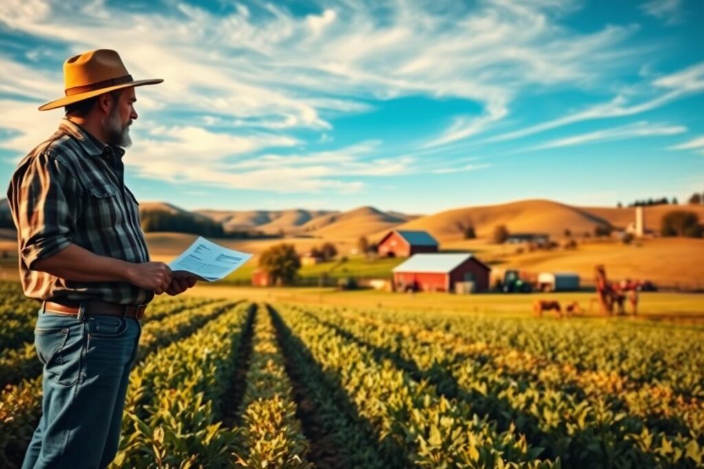 A countryside landscape with a small family farm in the foreground. A farmer standing in a field, examining crops and paperwork, representing the legal and tax considerations of running a rural operation. In the middle ground, a barn, outbuildings, and farm equipment, reflecting the practical realities of small-scale agriculture. The background features rolling hills, a blue sky with wispy clouds, and the warm glow of natural sunlight, conveying the serene and picturesque nature of the rural setting. The overall mood is one of thoughtful contemplation, with attention to detail and a sense of responsibility associated with the legal and financial aspects of operating a family farm.