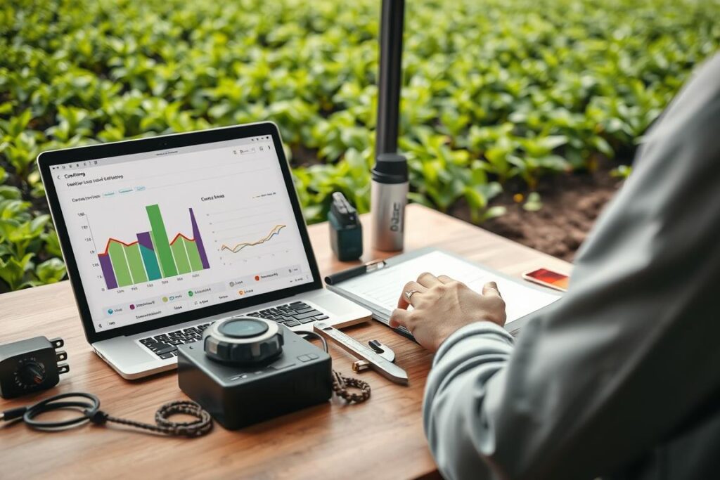 A detailed cost-benefit analysis of soil sensors, showcasing their value for small-scale agriculture. Capture the scene with a wide-angle lens, illuminated by soft, natural lighting that enhances the clarity of the data visualizations. Depict a modern, minimalist desktop setup with a laptop, digital tablet, and precision measurement tools arranged neatly. In the background, display a lush, verdant field of crops, hinting at the real-world application of these soil monitoring technologies. Convey a sense of thoughtful consideration and informed decision-making, essential for small farmers evaluating the merits of investing in Internet-connected soil sensors.