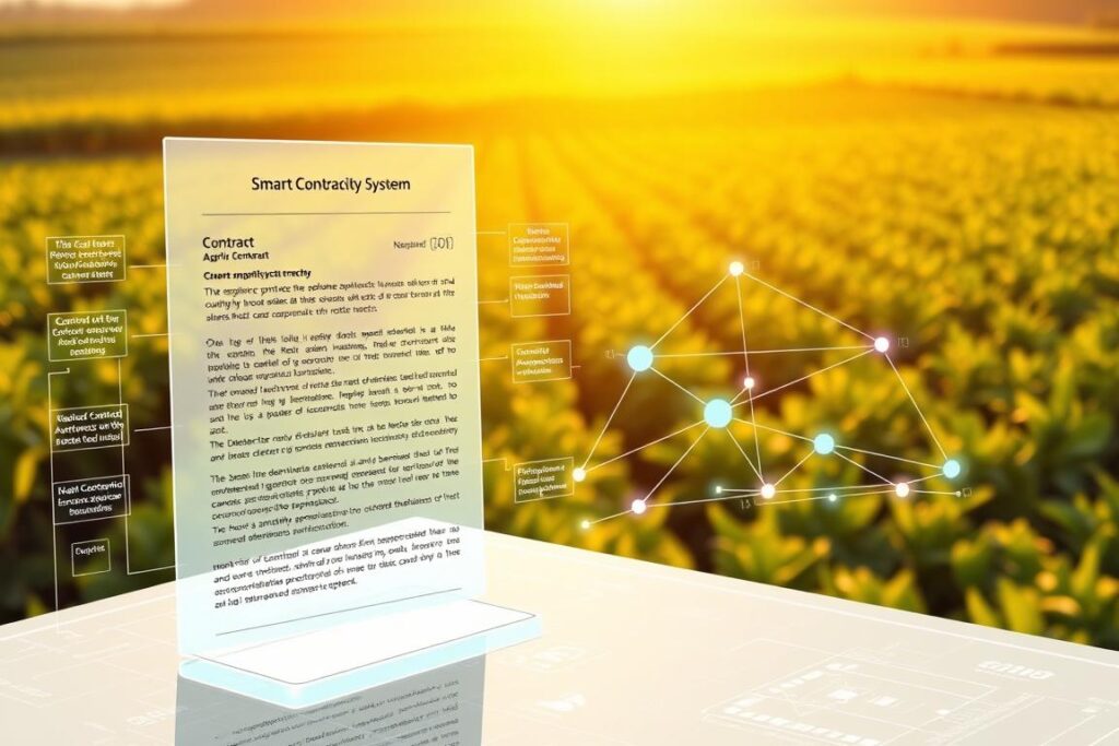 A detailed schematic diagram showcasing the inner workings of a smart contract system tailored for the agribusiness industry. In the foreground, a translucent holographic interface displays the contract's various clauses and automated functions, with interactive elements highlighting key aspects like supply chain tracking, payments, and quality assurance. In the middle ground, a network of interconnected nodes represents the decentralized infrastructure supporting the smart contract, with data flows visualized as colorful energy streams. The background depicts a lush, verdant farmscape bathed in warm, golden lighting, symbolizing the real-world agricultural setting where these intelligent contracts are deployed to streamline operations and foster transparency.