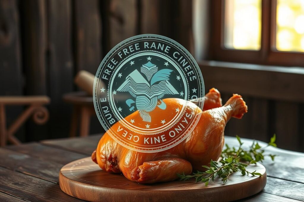 A detailed tokenized digital seal hovers above a gourmet free-range chicken on a wooden table, illuminated by soft natural light filtering through a window. The seal appears as a three-dimensional holographic projection, its intricate design and embedded information visible. The chicken is meticulously presented, its golden-brown skin glistening, surrounded by fresh herbs and spices. The background features a rustic, countryside setting, conveying a sense of authenticity and high-quality artisanal production. The overall atmosphere exudes a blend of modern technology and traditional craftsmanship, reflecting the challenges and solutions in implementing a tokenized digital seal for gourmet free-range chicken.