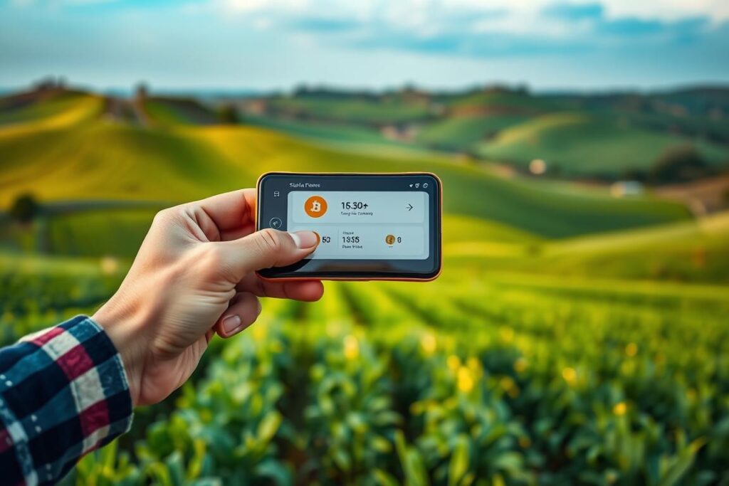 A digital wallet for stablecoins, set against a backdrop of lush farmland and rolling hills. The wallet appears sleek and modern, with a clean user interface displayed on a high-resolution screen. Ambient lighting casts a warm glow, creating a sense of security and reliability. In the foreground, a farmer's hand hovers over the wallet, symbolizing the integration of decentralized finance and traditional agriculture. The overall composition conveys the ease and accessibility of using a digital wallet to safeguard one's financial wellbeing, even in the context of the agricultural industry.