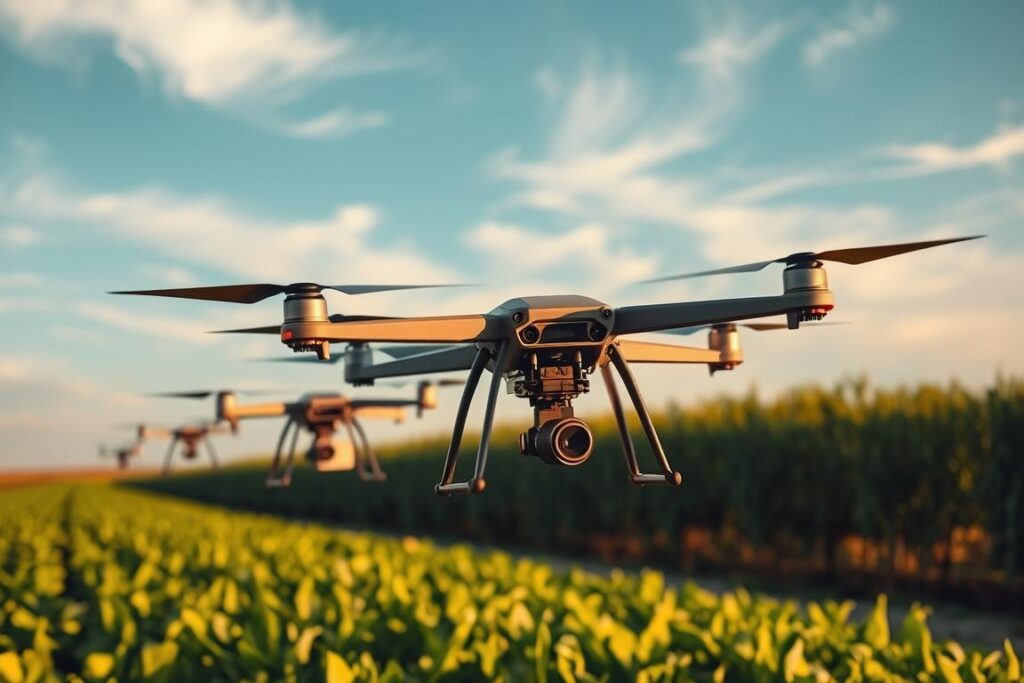 A fleet of high-tech agricultural drones hovering over a lush, verdant field, their sleek, aerodynamic frames equipped with precision spraying mechanisms. The drones are illuminated by warm, golden sunlight, casting dynamic shadows on the crops below. In the background, a cloudless blue sky with wispy, ethereal clouds creates a serene, picturesque setting. The drones appear poised and ready to swiftly and efficiently apply targeted crop treatments, showcasing the latest advancements in precision farming technology.