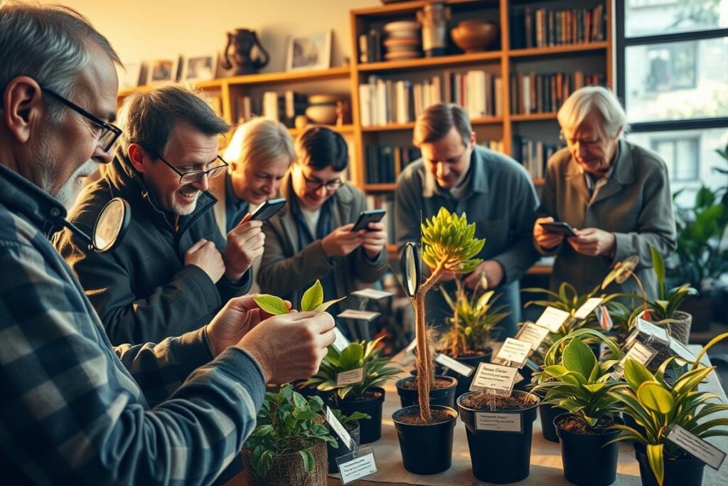 A group of collectors enthusiastically gathered around a table, examining rare plant specimens with magnifying glasses. The scene is bathed in warm, natural lighting, creating a cozy, intimate atmosphere. In the foreground, a collector carefully handles a delicate, exotic-looking leaf, while others lean in to admire the unique characteristics. The middle ground features an assortment of potted plants, each with a carefully placed digital certificate tag. In the background, shelves lined with books and artifacts allude to the depth of knowledge and passion shared by this community of plant enthusiasts.