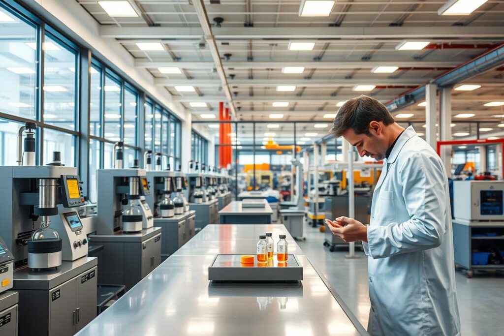 A high-quality control laboratory interior with rows of precision measurement instruments, analytical equipment, and technical displays. Bright, clean, and modern lighting illuminates the scene, creating a professional and scientific atmosphere. In the foreground, a technician in a white lab coat carefully examines a product sample on a sleek metal workbench. The background features large windows overlooking a thriving industrial facility, emphasizing the importance of quality assurance in the manufacturing process. The overall scene conveys a sense of diligence, attention to detail, and the critical role of quality control in ensuring product excellence.