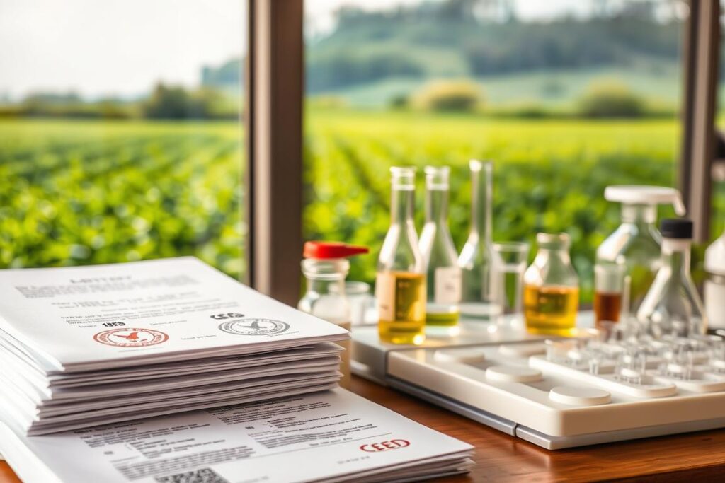 A high-resolution, crisp, and detailed image of the legal requirements and certifications for biofertilizers. The foreground features a stack of official documents, stamps, and seals, conveying the official and regulatory nature of the subject. The middle ground shows a laboratory setting with test tubes, beakers, and scientific equipment, hinting at the technical specifications and quality control aspects. The background depicts a lush, green agricultural landscape, suggesting the practical application and environmental context of biofertilizers. The lighting is natural and warm, creating a professional and authoritative atmosphere. The overall composition is balanced and visually appealing, emphasizing the importance and technicality of the legal requirements for biofertilizers.