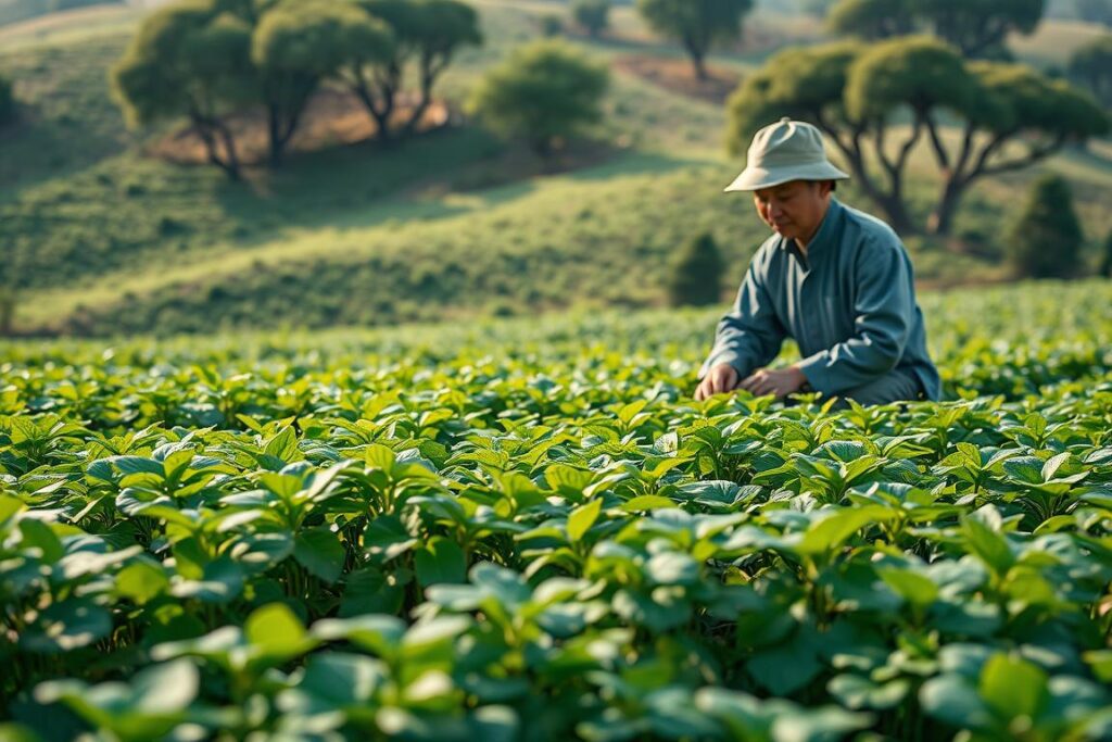 A lush agricultural landscape with a farmer carefully tending to a field of ginseng plants. The foreground features the ginseng plants in rich, verdant foliage, their delicate leaves swaying gently in a soft breeze. In the middle ground, a farmer clad in traditional clothing kneels beside the plants, examining them with a thoughtful gaze. The background depicts a rolling hill dotted with trees, their branches casting dappled shadows across the scene. The lighting is warm and natural, creating a sense of tranquility and harmony. The overall atmosphere conveys the importance of sustainable agricultural practices and the potential for tokenizing the production of this valuable crop.