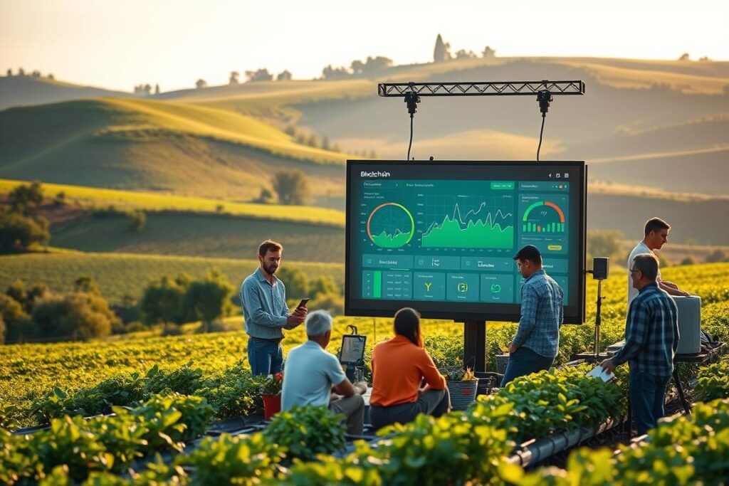 A lush farmland landscape, with rolling hills and verdant fields in the background. In the foreground, a vibrant blockchain platform interface is displayed on a large touchscreen monitor, surrounded by various agricultural tools and sensors. Farmers and agronomists interact with the platform, accessing real-time data, supply chain tracking, and automated contract execution. The scene is bathed in warm, natural lighting, conveying a sense of technological innovation harmoniously integrated with traditional farming practices. The overall atmosphere is one of progress, efficiency, and a modernized approach to small-scale agriculture.