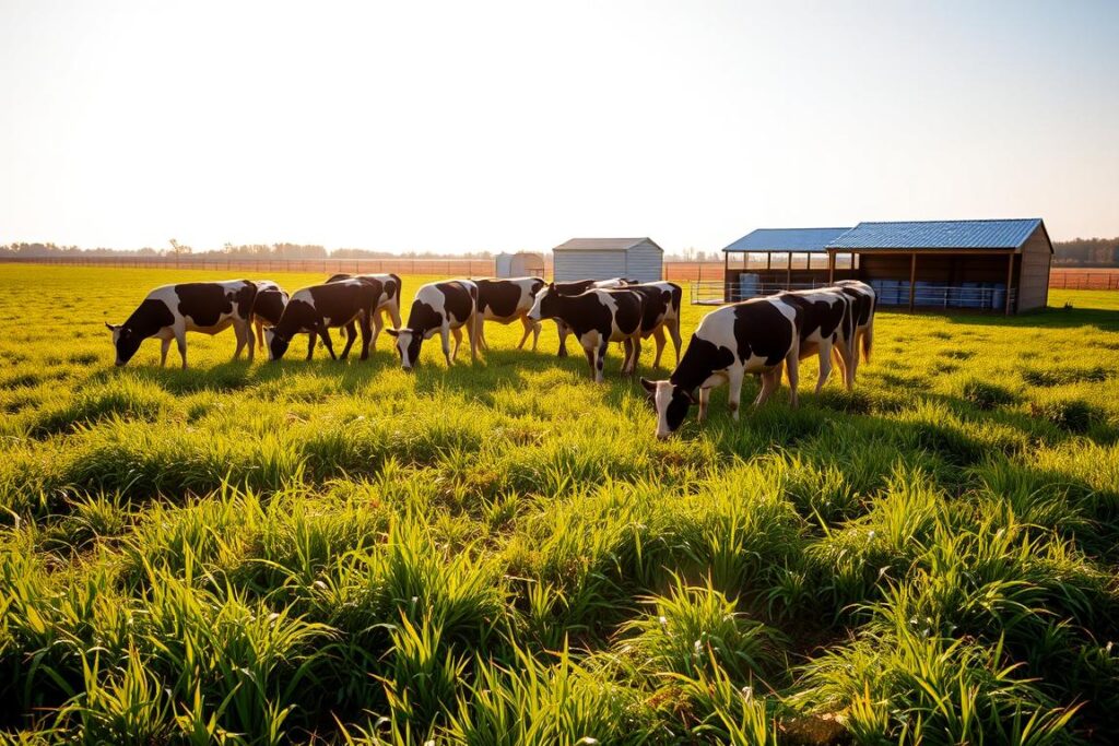 A lush green pasture under a warm, golden afternoon sun. In the foreground, a herd of well-fed dairy cows grazing contentedly on a diverse array of nutrient-rich grasses and legumes. Their coats gleam with a healthy sheen, indicating a balanced diet. The middle ground features a small, efficient milking parlor, its simple design optimized for productivity. In the background, a neatly organized storage shed houses an ample supply of high-quality, cost-effective feed supplements. The overall scene conveys a sense of strategic, sustainable dairy farming practices that prioritize animal welfare and maximize profitability on a modest land area.