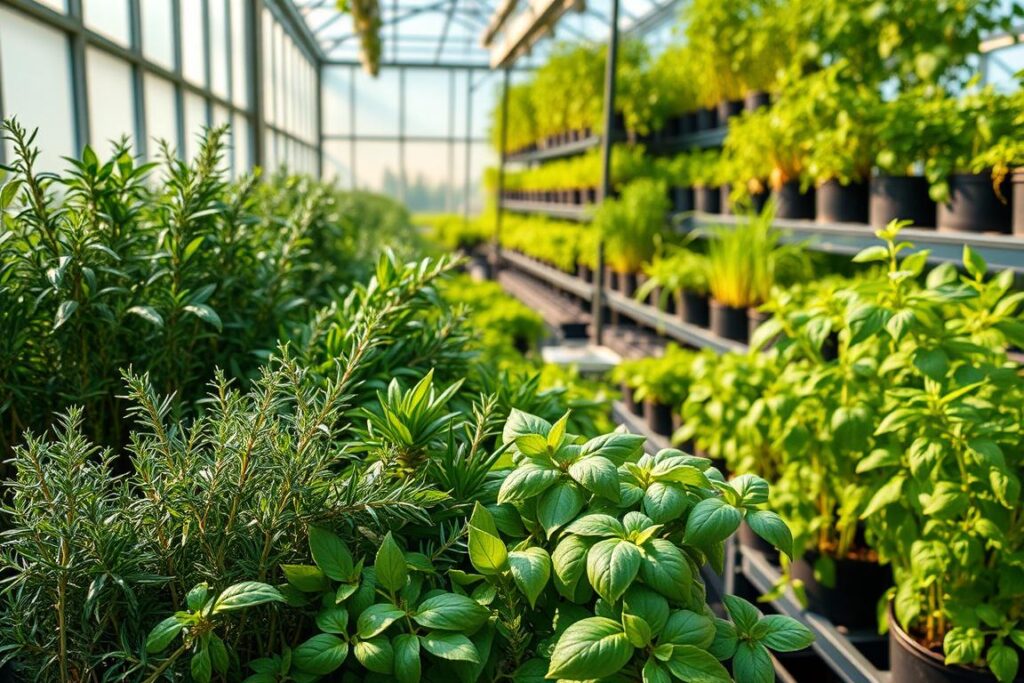 A lush, hydroponic greenhouse filled with vibrant, freshly harvested herbs. Soft natural lighting filters through the glass panels, casting a warm glow over the verdant foliage. In the foreground, bunches of aromatic thyme, rosemary, and basil are carefully arranged, their leaves glistening with dewdrops. The middle ground showcases a variety of potted plants, their stems and leaves undulating gently in a slight breeze. In the background, tiered shelves hold an assortment of other thriving herbs, ready to be picked and packaged. The overall scene conveys a sense of abundance, quality, and the care taken in cultivating these prime, flavorful ingredients for culinary and mixology uses.
