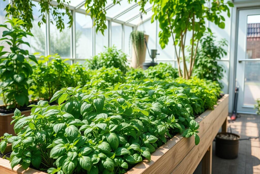 A lush indoor greenhouse filled with a variety of fresh, vibrant herbs thriving under natural sunlight filtering through large windows. The foreground features a well-tended raised garden bed overflowing with an assortment of leafy greens, fragrant basil, and other aromatic plants. The middle ground showcases a watering system and gardening tools, subtly hinting at the sustainable practices employed. The background depicts a peaceful, minimalist interior with clean lines, highlighting the harmony between nature and human design. The overall scene conveys a sense of tranquility, abundance, and a commitment to environmentally-conscious cultivation.