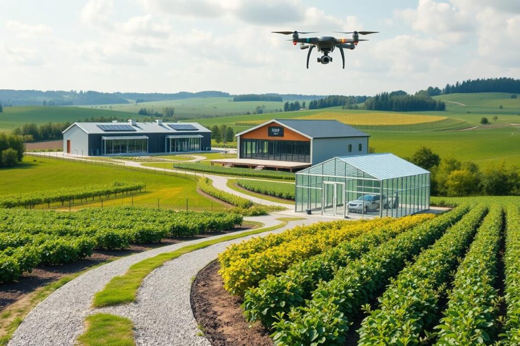 A lush, rolling countryside with a modern, well-equipped agricultural startup campus nestled amidst verdant fields and orchards. The main building, constructed with sustainable materials, features floor-to-ceiling windows that flood the interior with natural light. Solar panels cover the rooftops, powering the facility's state-of-the-art equipment and greenhouses. In the foreground, a drone hovers above neatly tended rows of crops, monitoring soil conditions and plant health. A winding gravel path leads to a small, high-tech hydroponic greenhouse, its sleek glass walls reflecting the surrounding landscape. The overall scene conveys a harmony between innovative technology and the natural environment, setting the stage for transformative agricultural startups to thrive.