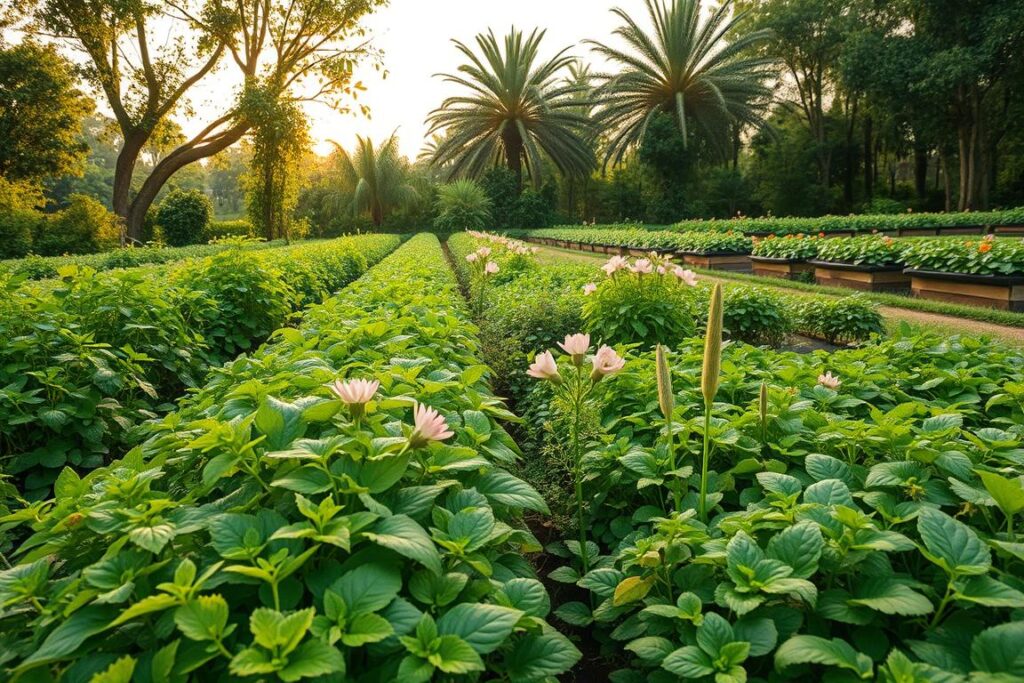 A lush, thriving agroecological garden, brimming with a diverse array of profitable medicinal plants. In the foreground, rows of flourishing herbs and leafy greens, their vibrant hues and verdant textures capturing the essence of a productive, sustainable cultivation. The mid-ground showcases a variety of flowering medicinal plants, their delicate petals and soothing aromas inviting the viewer into this holistic, lucrative landscape. The background features a harmonious blend of tall, shade-providing trees and neatly organized raised beds, creating an immersive, natural setting. Warm, diffused sunlight filters through the canopy, casting a gentle glow over the entire scene, evoking a sense of tranquility and abundance. This image embodies the successful cultivation of a thriving, profitable medicinal plant garden, a testament to the potential of agroecological practices.
