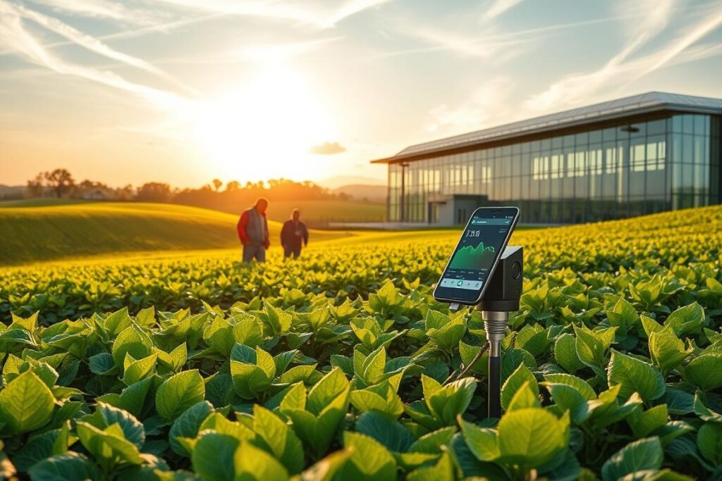 A lush, verdant agricultural landscape with rolling hills and flourishing crops in the foreground. In the middle ground, a group of farmers inspecting a high-tech soil sensor connected to a smartphone displaying real-time data. In the background, a modern agricultural research facility with gleaming glass and steel architecture, symbolizing the innovation and technological advancements fueling the industry. Warm, golden sunlight filters through wispy clouds, casting a serene and hopeful atmosphere. The scene conveys the promise of government-backed programs supporting the integration of cutting-edge technology to enhance productivity and sustainability in small-scale farming operations.