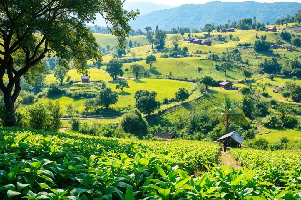 A lush, verdant agroecological farm nestled in a rolling, sun-dappled landscape. In the foreground, a diverse array of Brazilian ginseng plants thrives amidst an intricate polyculture of companion crops and native flora. Dappled sunlight filters through the canopy of towering, mature trees, casting a warm, natural glow across the scene. In the middle ground, a farmer tends to the plants, using gentle, sustainable practices that promote soil health and ecosystem balance. In the background, the undulating hills are dotted with small, traditional structures, blending seamlessly with the surrounding environment. An atmosphere of harmony, productivity, and environmental stewardship permeates the entire composition.