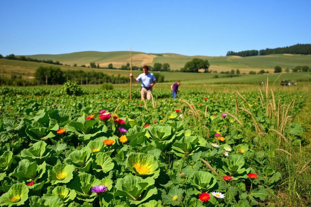 A lush, verdant farm landscape showcasing ecological agricultural practices. In the foreground, a diverse array of thriving crops - leafy greens, vibrant vegetables, and heritage grains - growing in nutrient-rich, pesticide-free soil. Dotted with colorful flowers attracting pollinators. In the middle ground, a team of farmers tending to the land using sustainable, low-impact tools. In the background, rolling hills and a clear blue sky, bathed in warm, natural lighting. The scene exudes a sense of harmony, balance, and abundance - a testament to the fertility of the soil and the resilience of ecological farming methods.