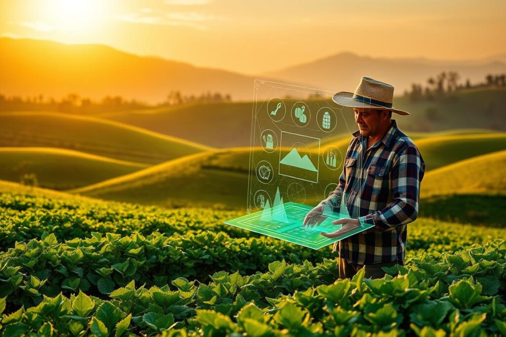 A lush, verdant farm landscape with rolling hills and flourishing crops in the foreground. In the middle ground, a farmer carefully inspects a glowing, holographic display of digital NFT assets representing various agricultural products and land parcels. The background features a modern, interconnected network of blockchain-enabled farm equipment and smart irrigation systems. Warm, golden sunlight filters through wispy clouds, casting a serene, futuristic atmosphere over the scene. The overall impression conveys how cutting-edge digital technologies like NFTs are seamlessly integrated into traditional agricultural practices, empowering small farmers with new opportunities.
