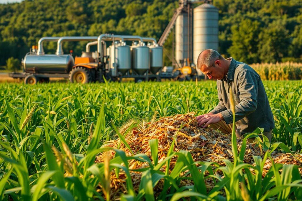 A lush, verdant field of agricultural waste, with vibrant stalks of corn, wheat, and other crops scattered across the landscape. In the foreground, a farmer carefully sorts through the residues, examining the various components with a thoughtful gaze. The middle ground reveals a series of processing machines, their metal frames gleaming under the warm, golden light of the sun. In the background, a towering silo stands, symbolizing the potential for transforming these waste materials into valuable, commercial products. The scene conveys a sense of innovation, sustainability, and the harmonious integration of nature and technology.