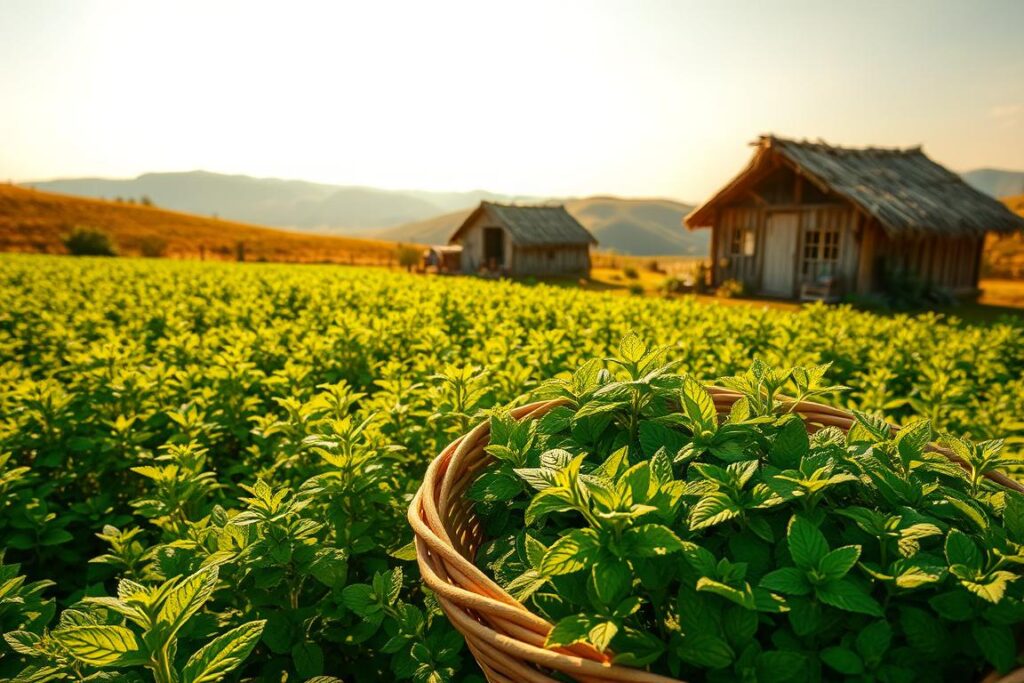 A lush, verdant field of mint plants, their vibrant green leaves glistening under the warm, golden sunlight. In the foreground, a basket overflows with freshly harvested mint sprigs, their aromatic essence wafting through the air. In the middle ground, a small, rustic farmhouse stands, its weathered wooden panels and thatched roof creating a picturesque scene. In the background, rolling hills and a cloudless sky provide a serene, tranquil backdrop. The lighting is soft and diffused, casting a natural, organic glow over the entire composition. The camera angle is slightly elevated, offering a panoramic view of the peaceful, thriving mint farm.