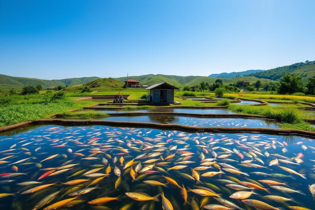 A lush, verdant fish farm set against a backdrop of rolling hills and a bright, azure sky. In the foreground, a series of interconnected ponds teeming with diverse freshwater fish, their scales glistening in the warm sunlight. In the middle ground, a small, well-equipped shed serves as the central hub, housing essential equipment and supplies for maintaining the aquatic ecosystem. The scene conveys a sense of harmony and productivity, highlighting the basic requirements for successful small-scale pisciculture - ample water resources, appropriate pond infrastructure, and a dedicated management system. The overall mood is one of tranquility and abundance, inviting the viewer to envision the potential of this sustainable, self-sufficient farming practice.