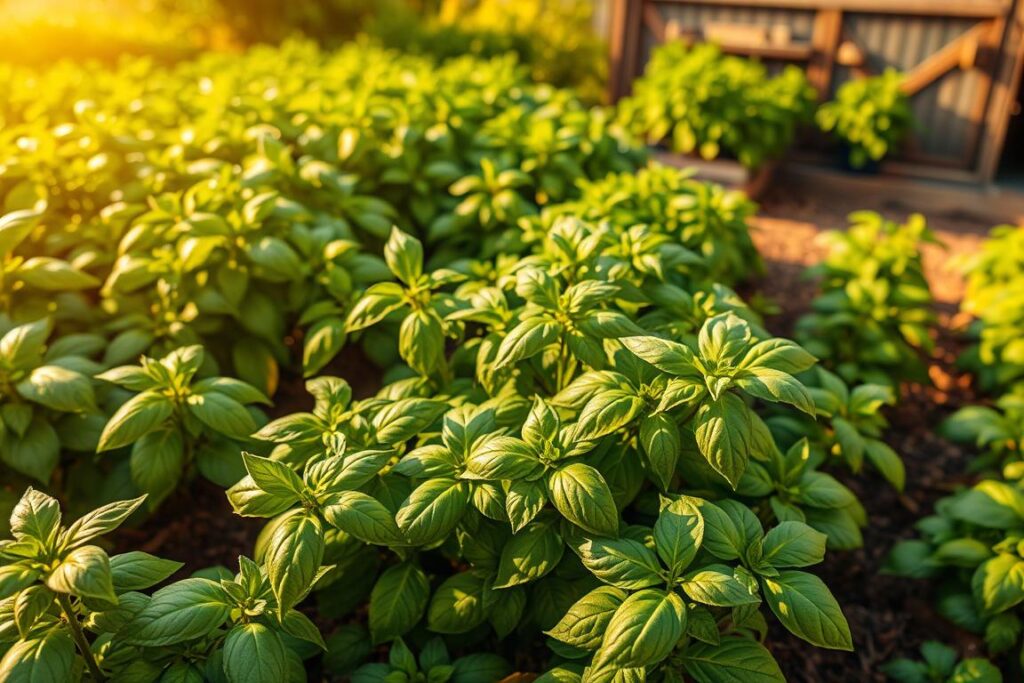 A lush, verdant garden filled with vibrant basil plants, their tender leaves glistening in the warm, golden sunlight. The foreground showcases several healthy, bushy basil plants, their aromatic leaves unfurling and ready for harvest. The middle ground features rows of well-tended basil plants, each one carefully cultivated, with their deep green hues complemented by the rich, loamy soil. In the background, a rustic wooden shed or greenhouse provides a charming backdrop, suggesting the care and attention given to this bountiful basil crop. The overall scene conveys a sense of abundance, quality, and the pride of a skilled urban or small-scale farmer, ready to supply fresh, flavorful basil to local pizzerias and restaurants.