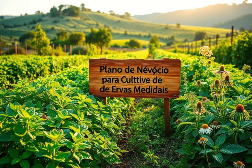 A lush, verdant garden overflowing with thriving medicinal herbs. In the foreground, rows of vibrant, leafy plants like peppermint, chamomile, and echinacea sway gently in a soft, golden light. The middle ground features a rustic wooden sign displaying the title 