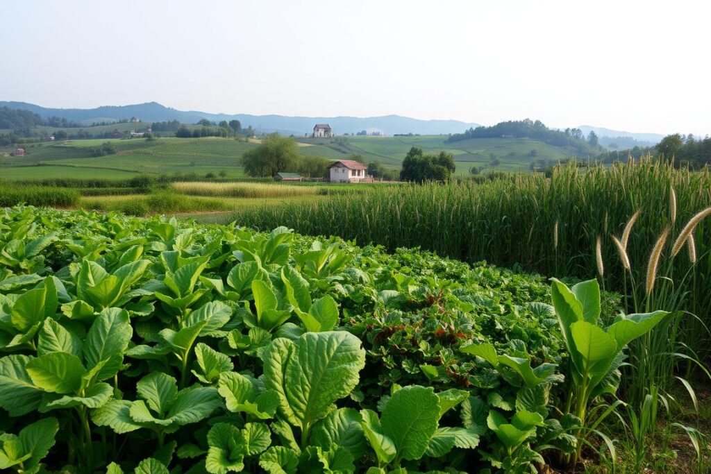 A lush, verdant landscape showcasing the benefits of agroecological intercropping. In the foreground, a diverse array of crops - leafy greens, vibrant vegetables, and towering cereal grains - thrive in harmonious coexistence, their roots intertwined beneath the fertile soil. Midground, a small-scale farm with modest structures blends seamlessly into the natural surroundings, highlighting the integration of sustainable practices. In the background, rolling hills and a clear sky create a serene, pastoral atmosphere, conveying the environmental and social advantages of this regenerative agricultural system. Soft, diffused lighting illuminates the scene, emphasizing the natural beauty and balance of this agroecological consortium.