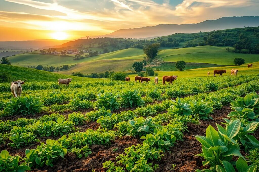 A lush, verdant landscape showcasing the principles of regenerative agriculture. In the foreground, a diverse array of crops and cover plants thrive in a richly textured soil, their vibrant colors and intricate patterns creating a visually captivating scene. The middle ground reveals rolling hills dotted with thriving orchards and grazing livestock, their movements capturing the harmonious interplay between different elements of the system. The background features a picturesque horizon, with the warm glow of the sun peeking through wispy clouds, casting a serene, almost ethereal light upon the entire scene. The overall composition conveys a sense of balance, sustainability, and the potential for productive yet restorative agricultural practices.