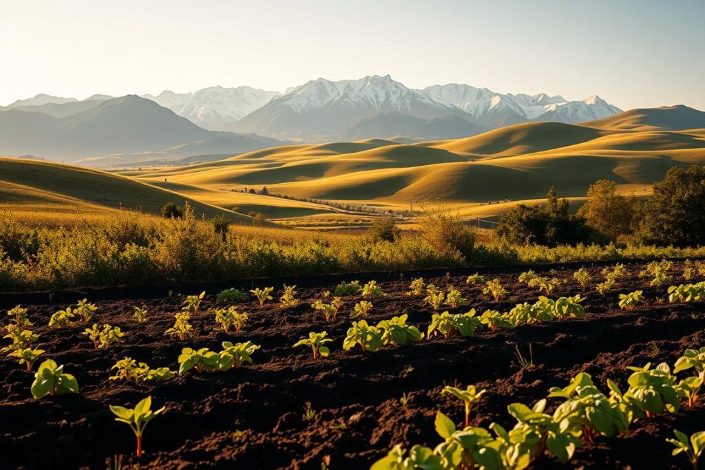 A lush, verdant outdoor scene showcasing the ideal location for an automated greenhouse. In the foreground, a well-tended plot of land bathed in warm, golden sunlight, the soil dark and fertile. Gently rolling hills stretch out in the middle ground, providing natural wind breaks and elevation changes. In the background, a majestic mountain range, its peaks capped with pristine snow, creates a breathtaking vista. The lighting is soft and diffused, casting long shadows and highlighting the natural textures of the environment. The composition features a harmonious balance of colors, textures, and shapes, creating a serene and picturesque setting that would be the perfect location to establish an automated greenhouse for premium vegetable cultivation.