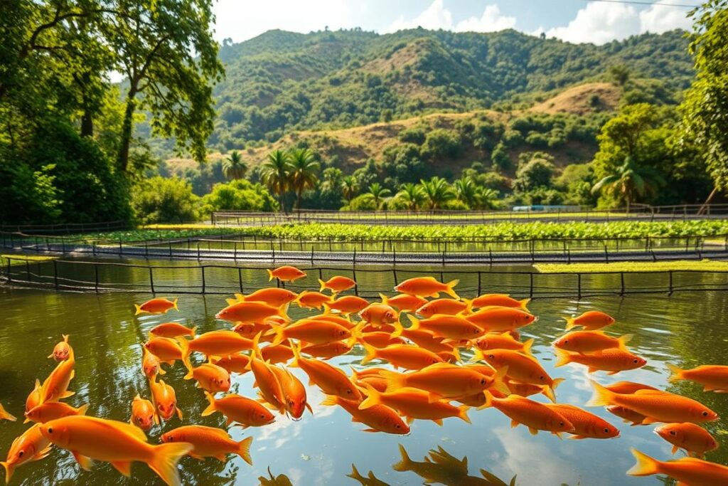A lush, verdant pond surrounded by a thriving ecosystem. In the foreground, a school of vibrant fish swim gracefully, their scales shimmering under the warm, golden sunlight that filters through the canopy of overhanging trees. The middle ground reveals expertly constructed aquaculture pens, where fish are raised using sustainable, eco-friendly practices. Towering in the background, rolling hills are adorned with flourishing vegetation, creating a sense of harmony and balance between the aquatic and terrestrial environments. The scene exudes a tranquil, serene atmosphere, highlighting the sustainable and environmentally-conscious approach to pisciculture.