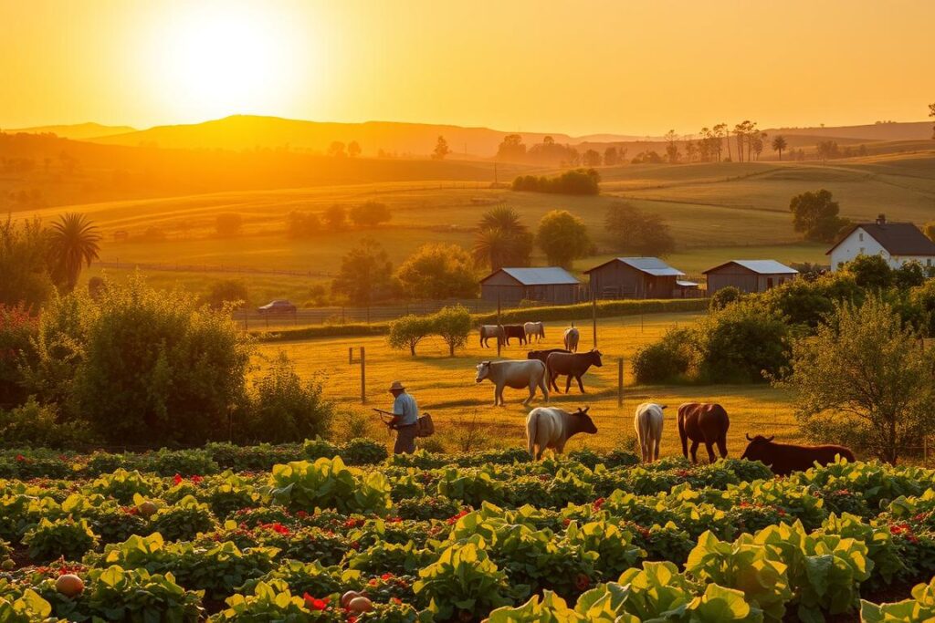 A lush, verdant rural landscape under a warm, golden-hued sunset. In the foreground, a small family farm bustles with activity - a farmer tends to a diverse array of crops, from vibrant vegetables to flourishing orchards. In the middle ground, livestock graze peacefully, their varied breeds and colors contributing to the scene's visual interest. The background features rolling hills, dotted with quaint farmhouses and barns, suggesting the multi-faceted nature of a thriving rural economy. The lighting is soft and directional, casting long shadows and accentuating the textures of the natural elements. The overall composition conveys a sense of harmony, productivity, and the sustainable diversification of rural income sources.